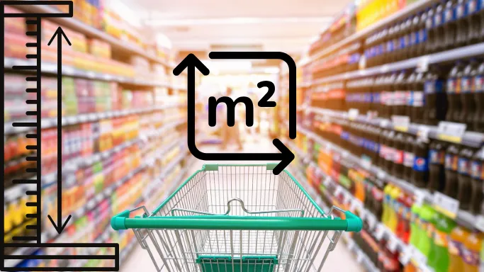 Pasillo de supermercado con íconos de medición de altura y metros cuadrados